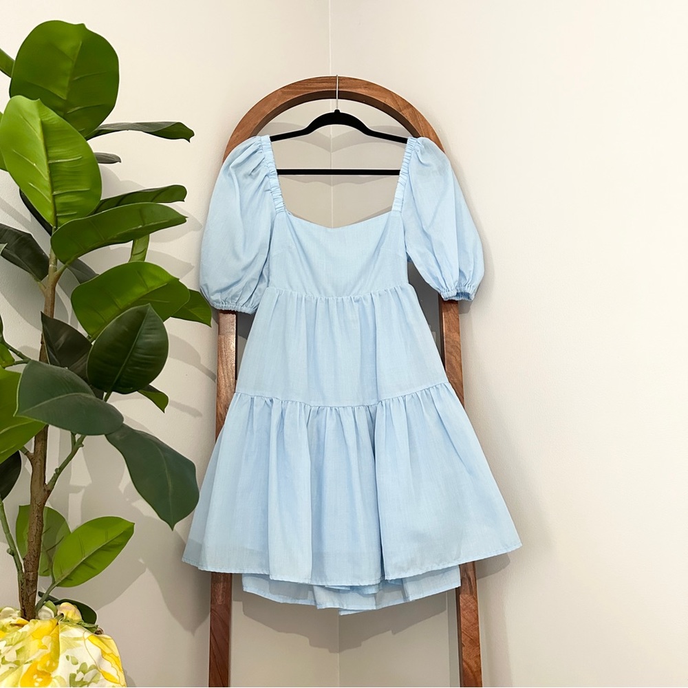 Showpo 2 Sky Blue Hazel Short Puff Sleeve Tiered Tie Back Smock Dress NEW